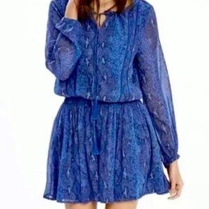 Women Banana Republic Printed Long Sleeve Mini Boho Dress in Blue Extra Small